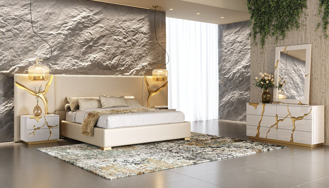 Modrest Aspen White & Gold Bedroom Set showcasing elegance and luxury with a modern touch | Vrxco.com