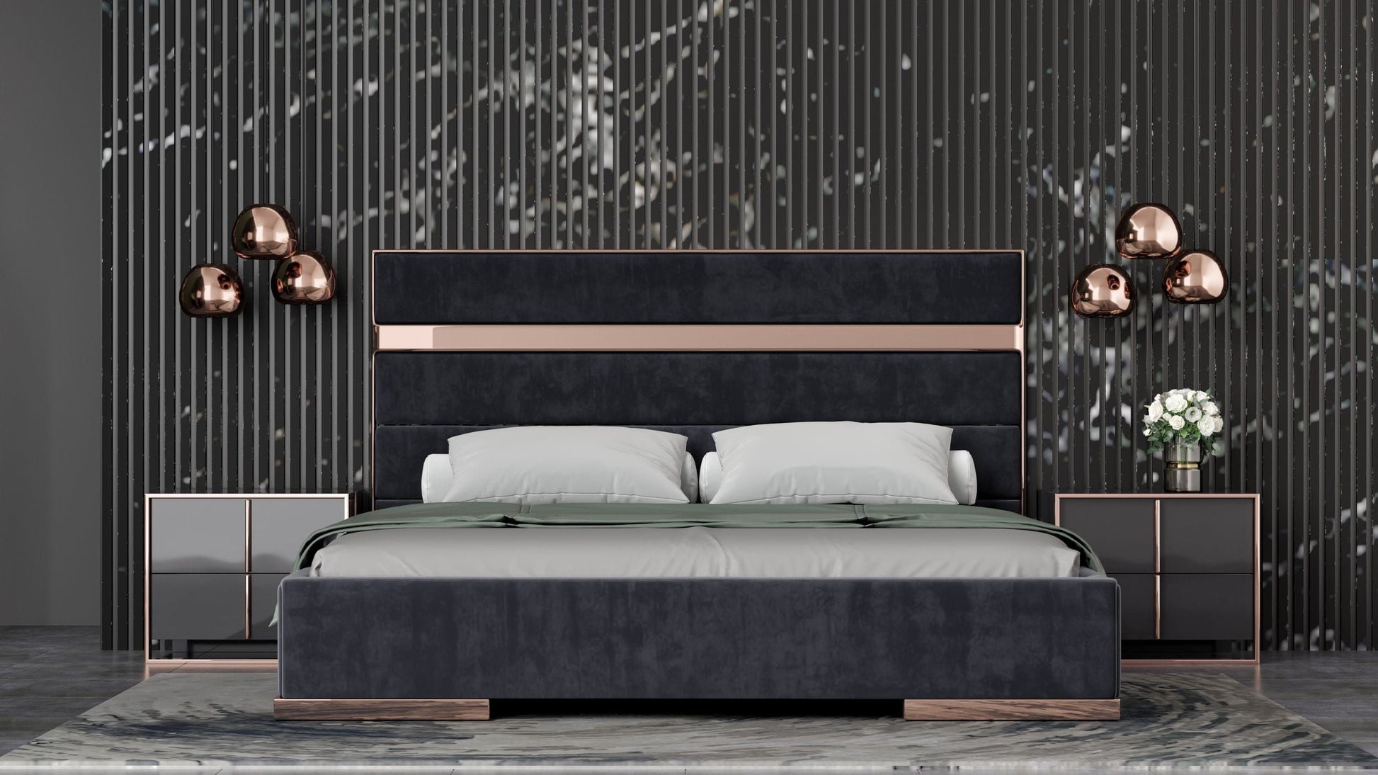 Nova Domus Cartier Modern Black & Rosegold Bedroom Set with luxurious accents | Vrxco.com