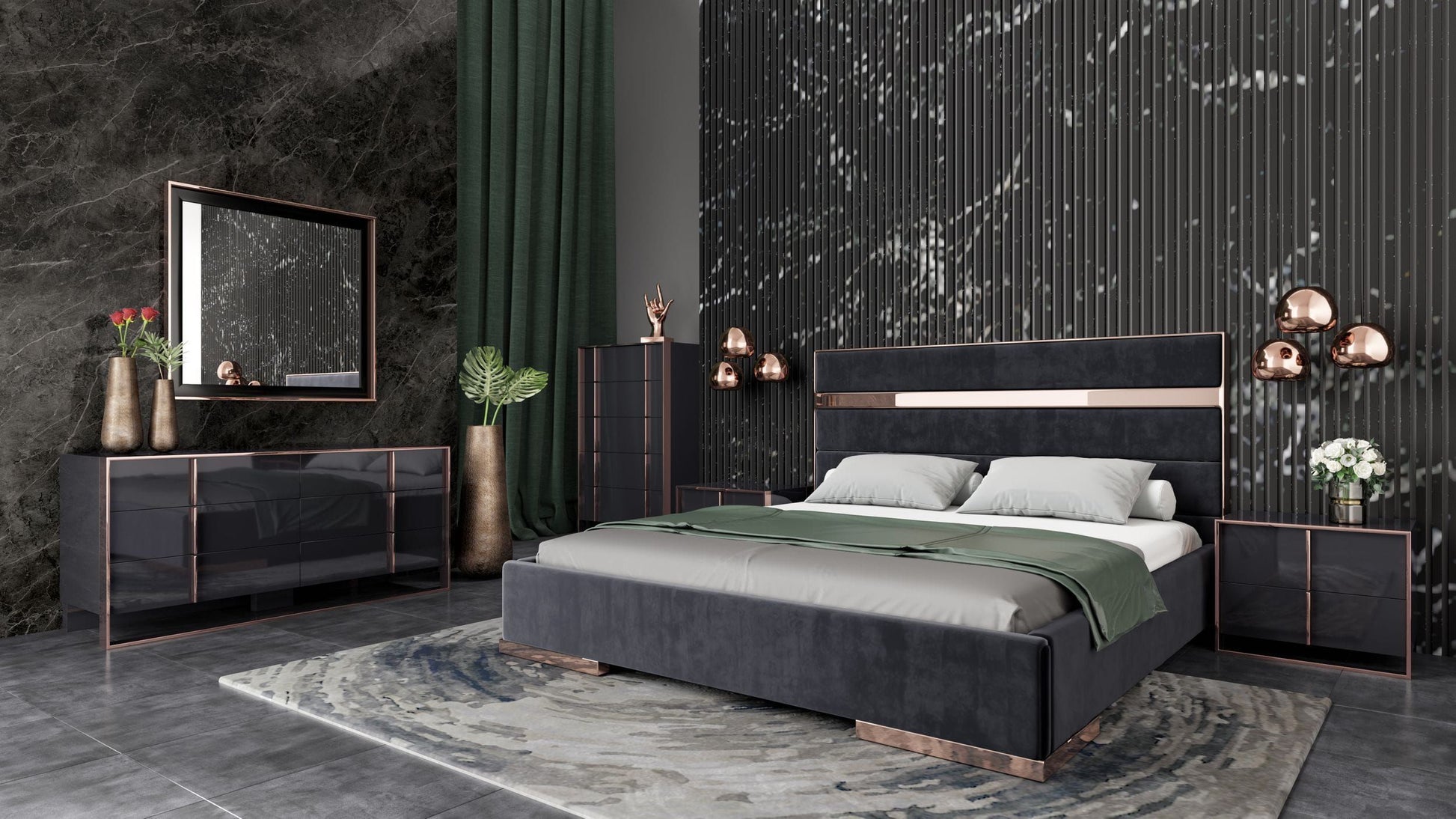 Nova Domus Cartier Modern Black & Rosegold Bedroom Set with luxurious accents | Vrxco.com