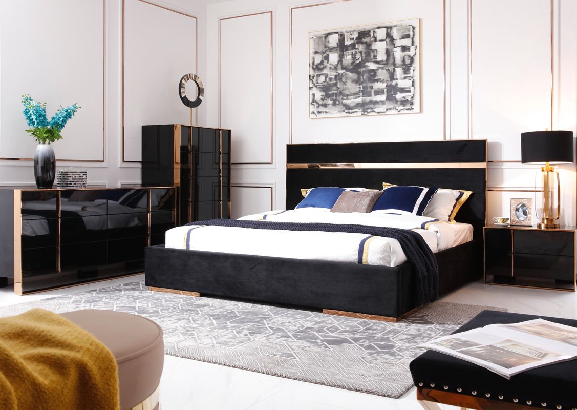 Nova Domus Cartier Modern Black & Rosegold Bedroom Set with luxurious accents | Vrxco.com