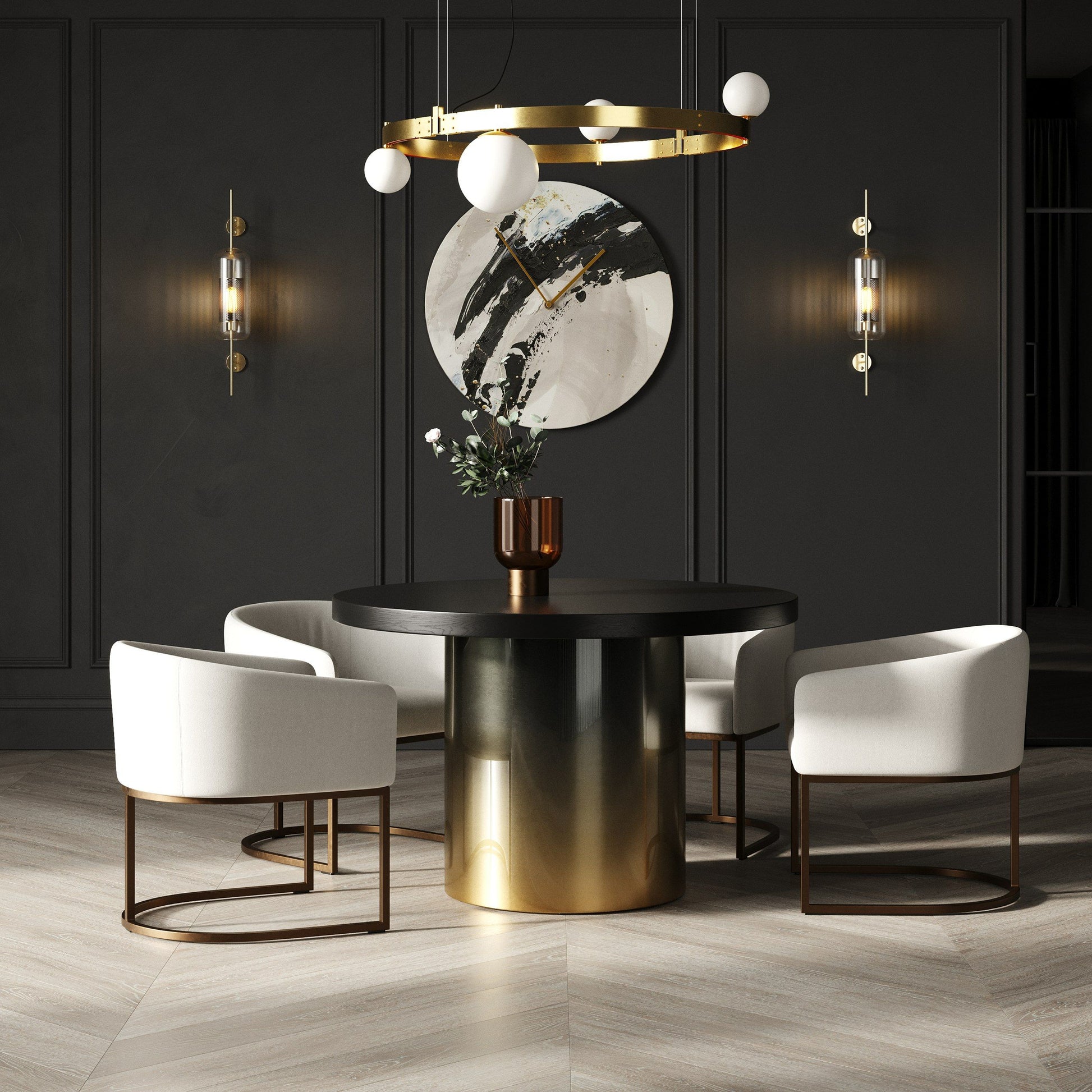 Modrest Elmira Glam Black Ash Gradient Stainless Steel Round Dining Table showcasing glamor and modern design | Vrxco.com