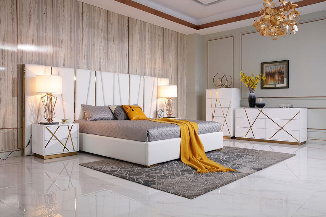 Modrest Nixa Modern White & Gold Bedroom Set showcasing luxury and modern design | Vrxco.com