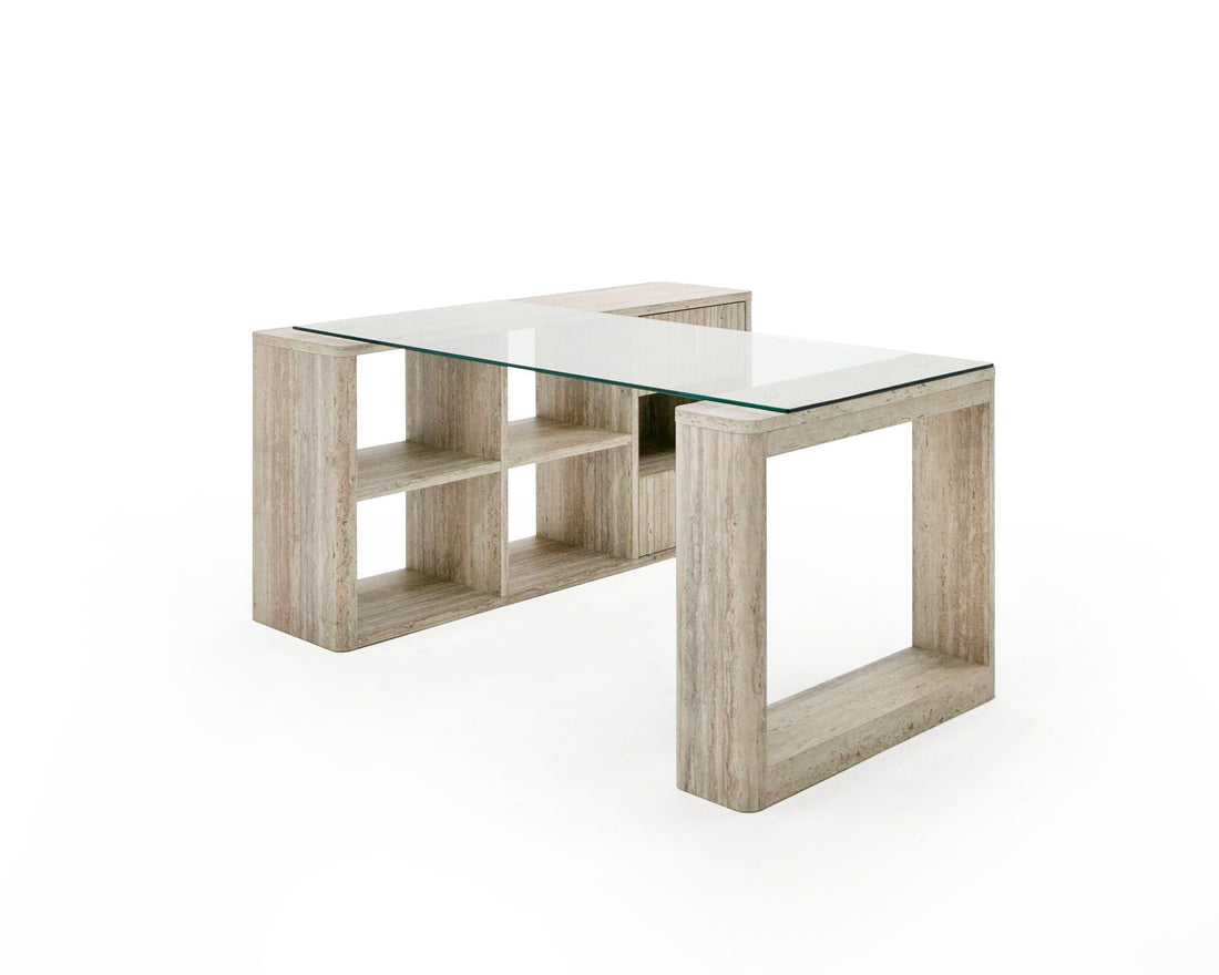 Nova Domus Roma Modern Glass Faux Travertine Reversible Desk with sleek design | Vrxco.com